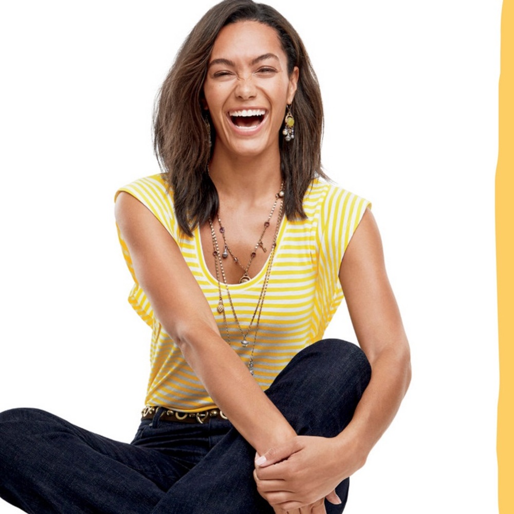 CAbi 5748 Daisy Yellow White Striped Ruffle Sleeve Tee Size M